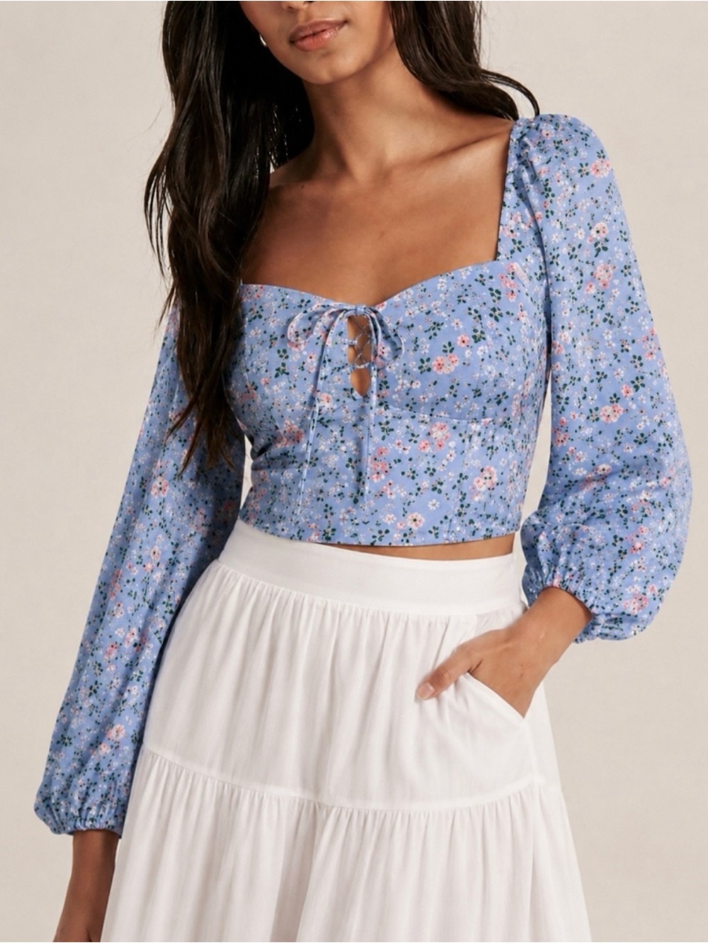 Abercrombie & Fitch Blue Floral Crop Top S Tie Front Puff Sleeve Smocked Back